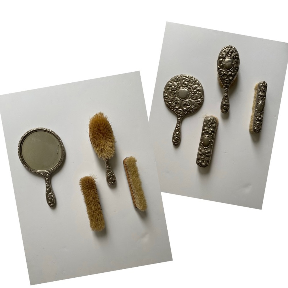 Handmade Vintage heavy silver- plate 4-piece Art Nouveau Toilet Kit Vanity set
